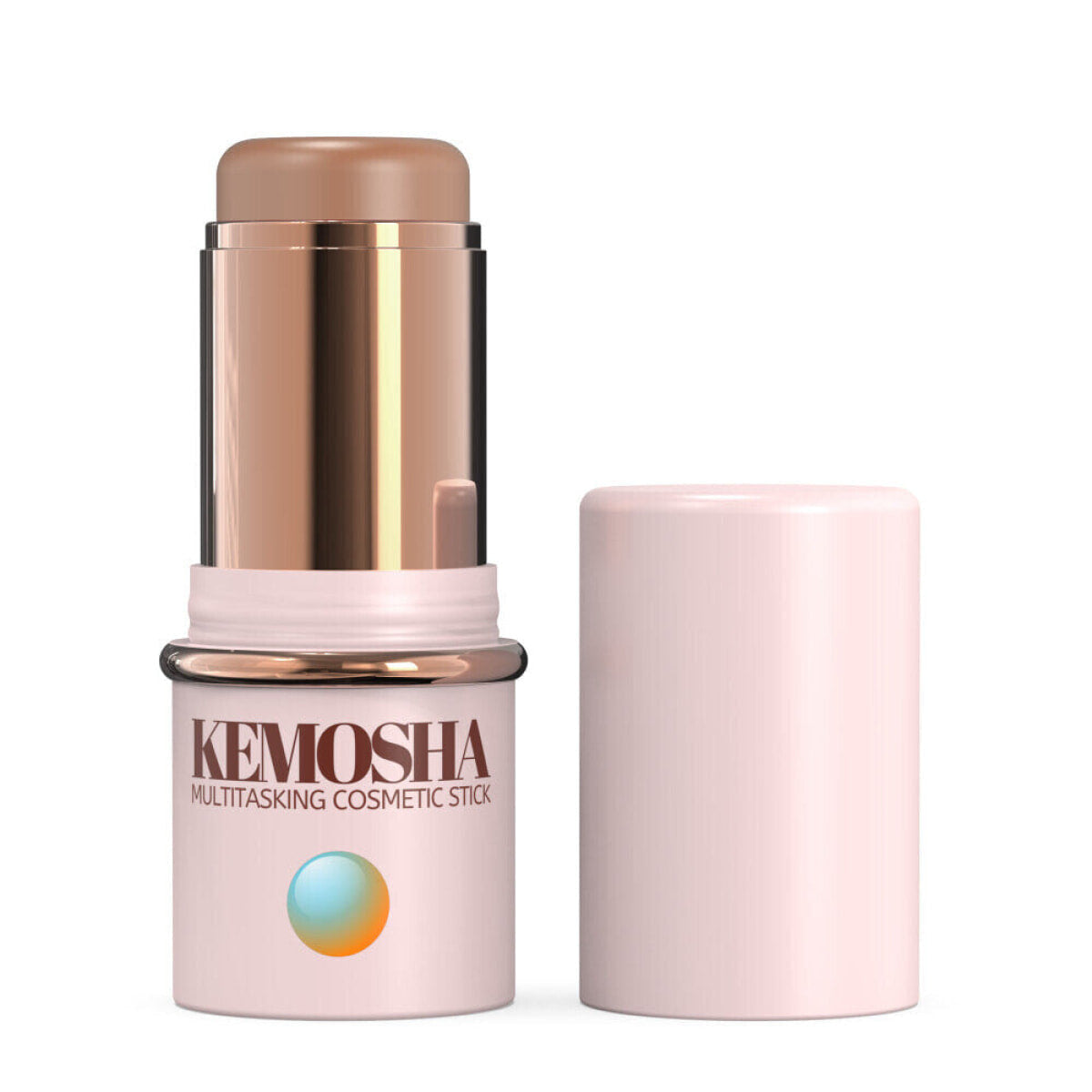 Open KEMOSHA multitasking cosmetic stick with a light pink cap.